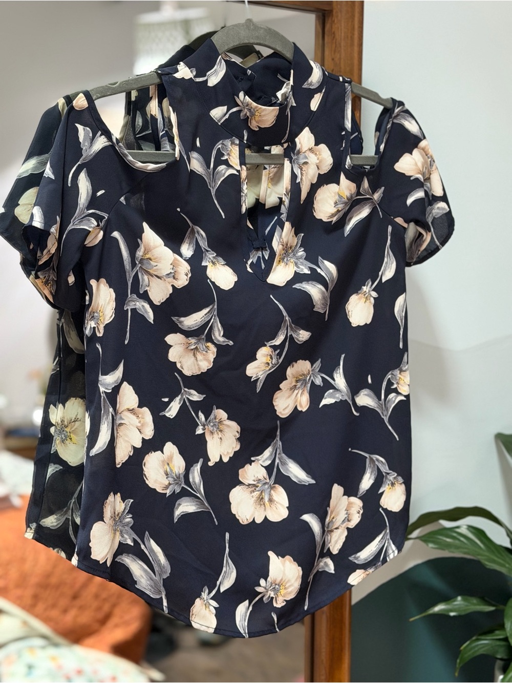 Sienna Sky Navy Floral Cold-Shoulder Blouse with Cream Blooms